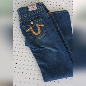 True Religion Women's Blue Jeans with Gold Stitching
